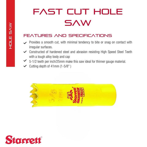 Bi-Metal Fast Cut Straight Pitch Hole Saw For Metal, Steel, And Wood With Abrasion Resistant HSS Teeth, Five Eighths Inch Diameter