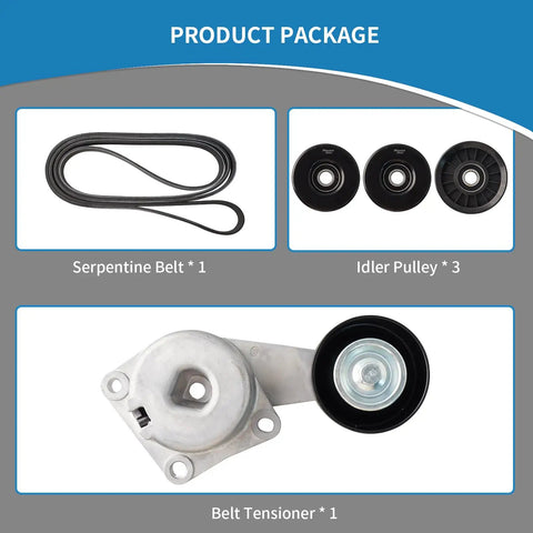 Hot Rod Level Engine Belt Tensioner And Idler Pulley Kit 38274 Replacement Fits Like A Glove To Stop Weird Noises And Grinds Quick Fix Keeps Your Ride Cruising Smooth Silky On the Road Avoiding Broken Down Gridlock Issues For Sure. package with serpentine belt, 3 idler pulleys, and tensioner