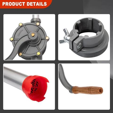 Built Rock Solid All Aluminum Manual Drum Pump for No Mess Pumping Of Oil Diesel Kerosene Hydraulic Fluid Fits 5 To 55 Gallon Barrels Fast Setup Heavy Duty Performance Guaranteed, details of pump components.