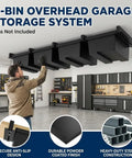 Man installing 4-bin overhead garage storage system with heavy-duty steel construction in a garage setting.