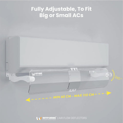 Adjustable AC Air Deflector Extends From 24 To 43 Inches 360 Degree Rotatable Crystal Clear Transparent Design Fits Most Standard Split Air Conditioners Measure Your Vent Opening Before Purchase Directs Cool Air Precisely, shown on a split AC unit.