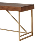 Game Changing Adjustable Standing Desk With Dang Sturdy Gold Metal Legs And Smooth Walnut Top Featuring No Sweat Height Adjustments For Cozy Bedrooms Or Epic Gaming Setups side view of the desk showing gold metal legs and walnut top.