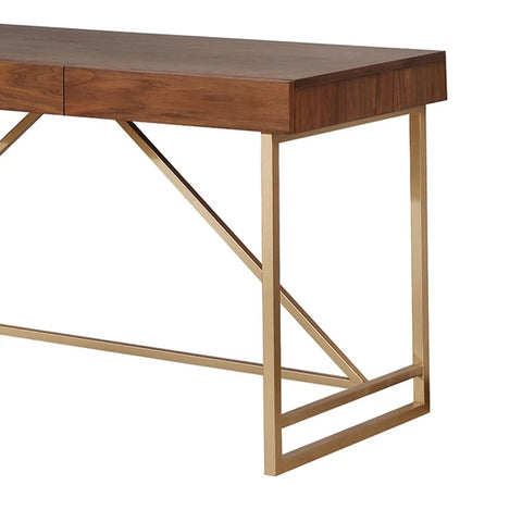 Game Changing Adjustable Standing Desk With Dang Sturdy Gold Metal Legs And Smooth Walnut Top Featuring No Sweat Height Adjustments For Cozy Bedrooms Or Epic Gaming Setups side view of the desk showing gold metal legs and walnut top.