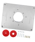 Premium Aluminum Router Table Insert Plate With Easy Adjust Flip Top Design For Woodworking Benches, silver with red bushings.