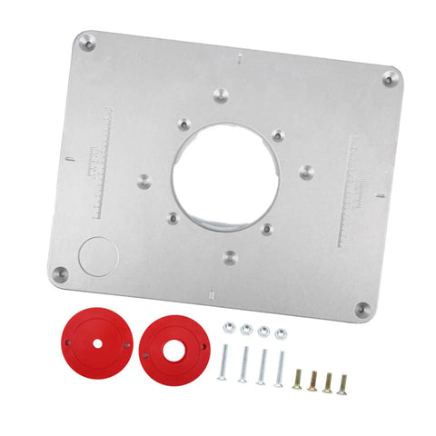 Premium Aluminum Router Table Insert Plate With Easy Adjust Flip Top Design For Woodworking Benches, silver with red bushings.