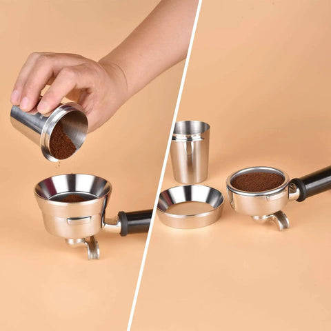 Stainless Steel Espresso Dosing Funnel for 58mm portafilter with ground coffee being poured for mess-free dosing in barista setup.