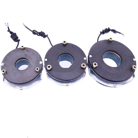 Three black electromagnetic power-off brake assemblies with central bore and mounting screws.