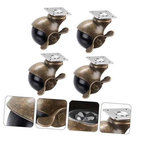 Built Tough Four Piece Vintage Brass Plate Casters With Smooth Rolling Heavy Duty Wheels designed for heavy loads, featuring sturdy brass and black wheels.