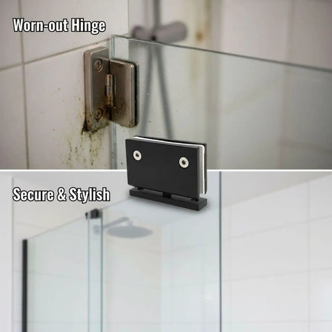 Comparison of worn-out hinge and Heavy Duty Frameless Shower Door Hinge With Sleek Matte Black Finish 304 Stainless Steel Pivot Clamp.