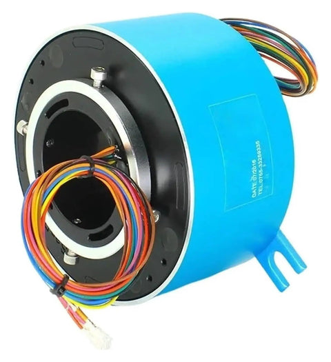 Pro Grade Electric Slip Ring Rotary Union 12.7mm To 50mm 18 Or 24 Channel Conductive Power And Signal Transmission With Continuous Rotation For Heavy Duty Projects And Multiple Outer Diameters 12.7 25.4 38.1 50mm 10A, blue metal slip ring with wires