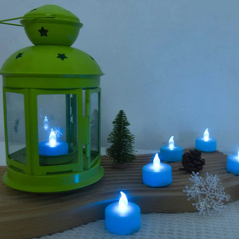 Blue LED Tea Lights 24 Pack Battery Operated Flameless Votive Candles With Realistic Flicker And Long Lasting Up To 200 Hours
