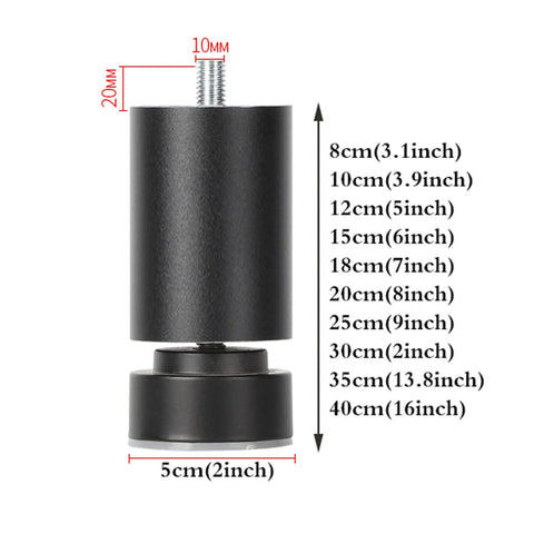 4 Pack Aluminum Alloy Furniture Legs M10 Screw Mount 12 Cm 5 Inch Round Tubular Feet height options with measurements.