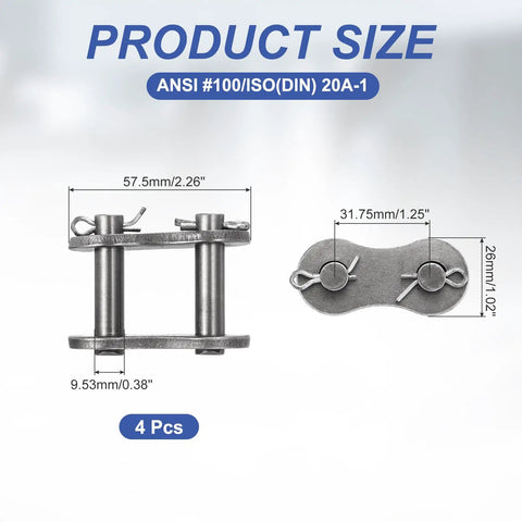 Heavy Duty ANSI #100 Roller Chain Connecting Links 32mm Pitch 4 Pack Manganese Steel Master Joint Repair Kit dimensions 57.5mm and 31.75mm