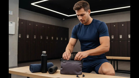 Man in gym using On The Go Dopp Kit Toiletry Bag For Men Water Repellent Nylon Travel Pouch With Internal Mesh Pockets Carry On Size 8.7 By 5.9 By 1.6 Inches For Phone Earbuds Cords Keys And More
