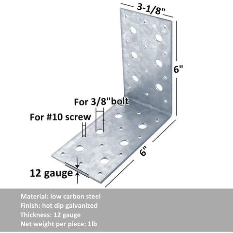 Serious Grade Six Inch Galvanized L Brackets Pack, Heavy Duty Steel Corner Braces For Wood Projects, showing dimensions and hole placements.