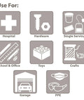 Icons indicating uses for TiltView Plastic Storage Cabinet With Tilt Out Bins A Versatile Organizer For Home Office School And Workshop Use As A Makeup Organizer Hardware Box Medical Supply Organizer And Teacher Toolbox.