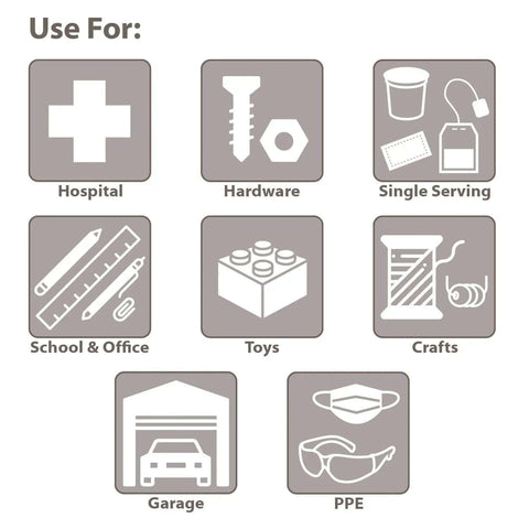 Icons indicating uses for TiltView Plastic Storage Cabinet With Tilt Out Bins A Versatile Organizer For Home Office School And Workshop Use As A Makeup Organizer Hardware Box Medical Supply Organizer And Teacher Toolbox.