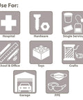 Chart showing potential uses for TiltView Plastic Storage Cabinet With 3 Tilt Out Bins including hospital, hardware, and school.