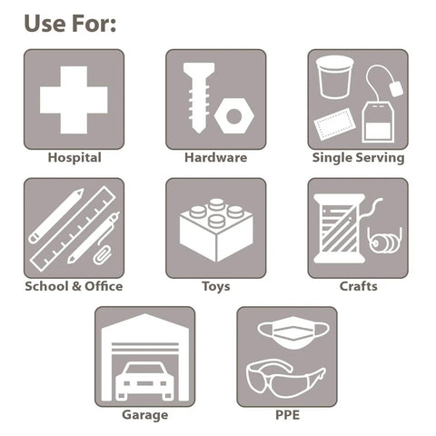 Chart showing potential uses for TiltView Plastic Storage Cabinet With 3 Tilt Out Bins including hospital, hardware, and school.