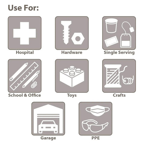 Icons showing usage for TiltView Plastic Storage Cabinet With Four Tilt Out Bins: Hospital, Hardware, Single Serving, School, Office, Toys, Crafts, Garage, PPE.