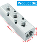 Three Way Pneumatic Manifold Air Distribution Block With G1/2 Inlet And G1/4 Output Ports, showing size dimensions, aluminum construction.