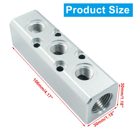 Three Way Pneumatic Manifold Air Distribution Block With G1/2 Inlet And G1/4 Output Ports, showing size dimensions, aluminum construction.