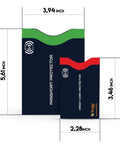 RFID Blocking Travel Sleeves Set With Color Coding Navy Blue Unisex Wallet showing passport and card protector dimensions.