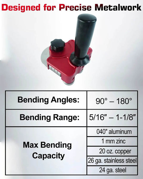 Top view of One Station Metal Disc Bender for Standing Seam Roofing and Sheet Metal Bending, showing handle and bending specs.