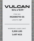 Heavy Duty 2 Inch By 96 Inch Car Tie Downs With Twisted Snap Hooks Silver Series label showing specs and working load