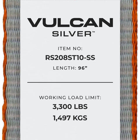 Heavy Duty 2 Inch By 96 Inch Car Tie Downs With Twisted Snap Hooks Silver Series label showing specs and working load