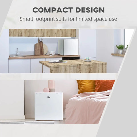 Hella Quiet 1.1 Cu Ft Countertop Upright Mini Freezer In Snazzy Steel White positioned in a compact kitchen and bedroom setup.