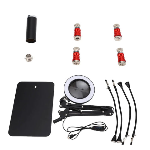 Components of Magnetic Third Hand Soldering Station with Four Flexible Arms, Magnifying Glass Light, and Magnetic Base for DIYers