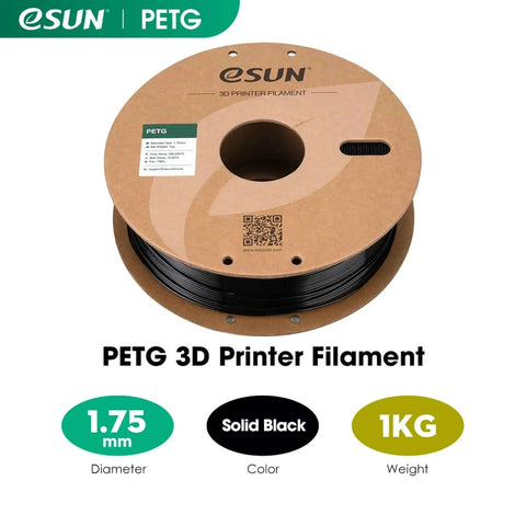 PETG 1.75mm 3D Printer Filament Spool 1Kg Solid Black With High Gloss Finish, Waterproof and Weather Resistant, Tough