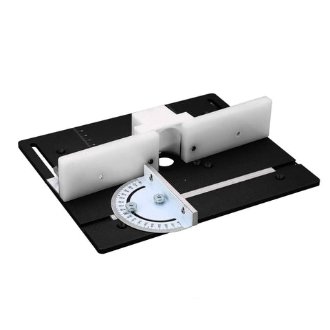 Premium Aluminum Router Table Insert Base Plate For Precision Woodworking Projects With Dead Easy Mounting Hardware And Top Shelf Metal Router System Kit In Matte Black showing measurement features and sturdy design.