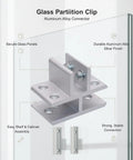Glass Shelf Clip for Aluminum Frame Shelving, heavy duty silver hardware fitting on glass panel display.