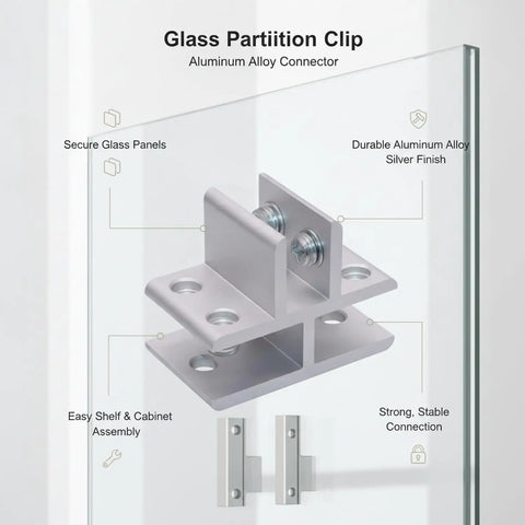 Glass Shelf Clip for Aluminum Frame Shelving, heavy duty silver hardware fitting on glass panel display.