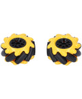Two yellow 48 mm mecanum wheels with black rollers for omnidirectional DIY robot cars