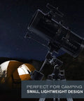 PowerSeeker 127EQ Telescope For Beginners With Manual German Equatorial Mount shown by illuminated tent at night