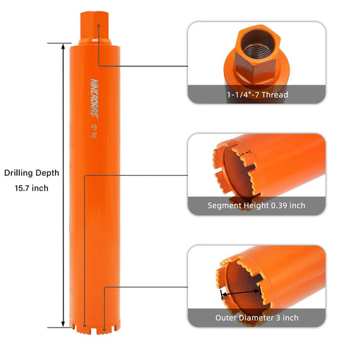 NINEROARS 3-inch orange wet diamond core drill bit with 1-1/4-7 thread, 10 mm segment height, 15.7-inch overall length