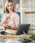 Adjustable Desk Tablet Stand With Rotating Display Durable Al Ti Alloy Holder in kitchen with 360-degree rotation and tablet