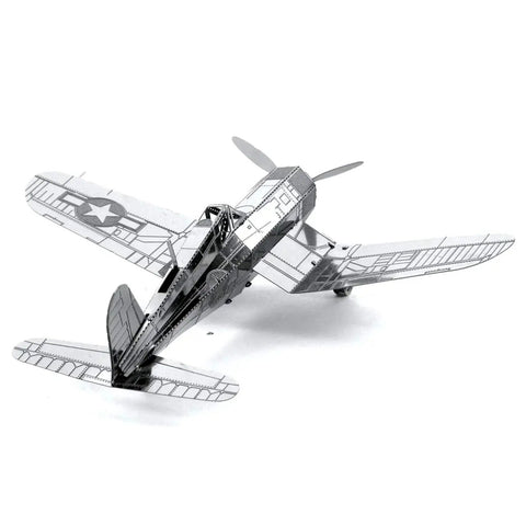 Rear view of F4U Corsair 3D Metal Model Kit Unassembled No Glue No Solder Needed Easy Clip From Metal Sheets For Hobbyists And Aircraft Building Enthusiasts Ages 14 And Up With Realistic Detailing, showing detailed etched wings and tail.