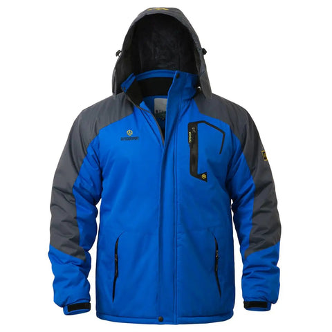 Men's Winter Ski Jacket With Warm Fleece Lining, Waterproof Softshell Coat For Snow And Rain, Hooded Windproof Snow Gear For Hiking And Outdoor Adventures, Durable Blue Winter Outerwear For Cold Weather.