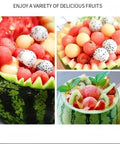 4-piece kitchen tool set in silvery color; collage of watermelon bowls filled with mixed fruits