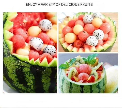 4-piece kitchen tool set in silvery color; collage of watermelon bowls filled with mixed fruits