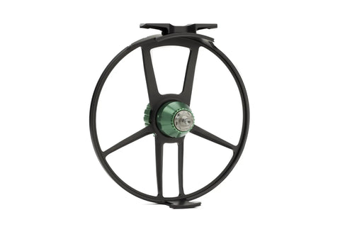 Side view of Hyperspeed M8 Fly Fishing Reel for Saltwater, showcasing large arbor and ultralight frame, 8Wt capacity.