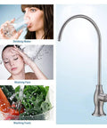 Lead-Free Stainless Steel Water Filter Faucet For Under Sink Filtration System, Brushed Nickel Finish shown with usage examples