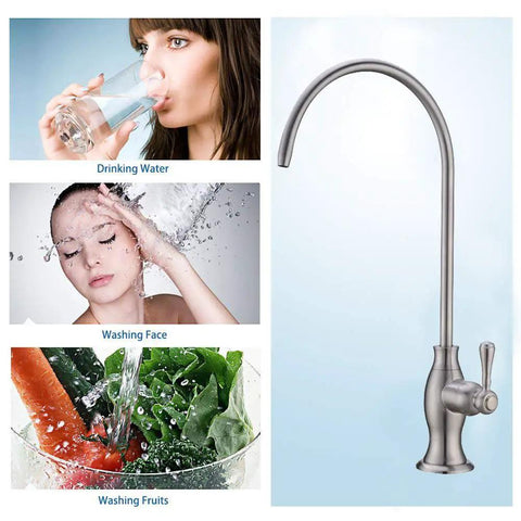 Lead-Free Stainless Steel Water Filter Faucet For Under Sink Filtration System, Brushed Nickel Finish shown with usage examples