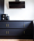 Black kitchen cabinets with 30 Pack 5 Inch Stainless Steel Cabinet Handles Square Cabinet Pulls Brushed Brass Hardware.