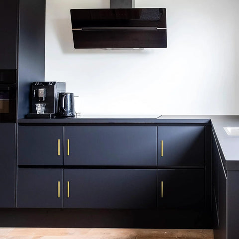 Black kitchen cabinets with 30 Pack 5 Inch Stainless Steel Cabinet Handles Square Cabinet Pulls Brushed Brass Hardware.