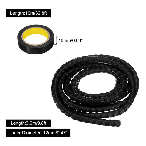 Spiral Cable Wrap 9.8 Ft Long 12 Mm Inner Diameter Flexible Cable Management Sleeve for Computer, gas pipe, with black tape